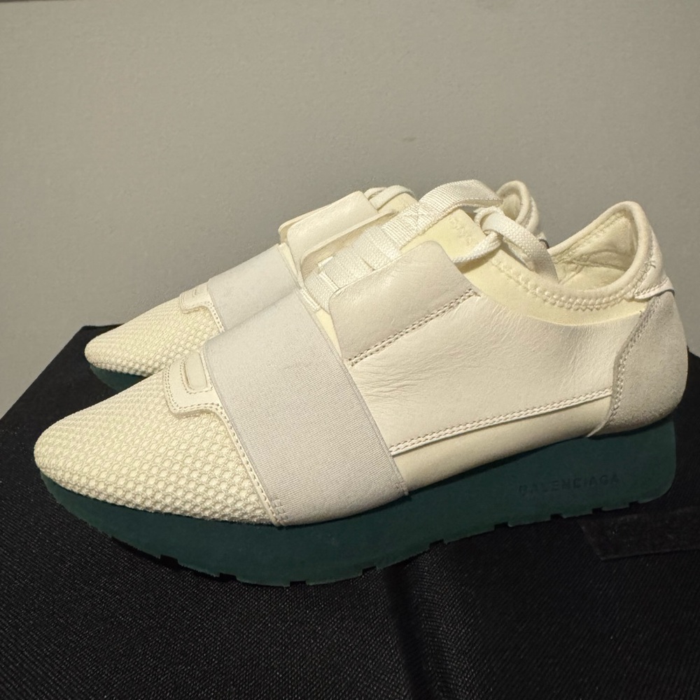 White Balenciaga Race Runner Sneakers with Green Sole